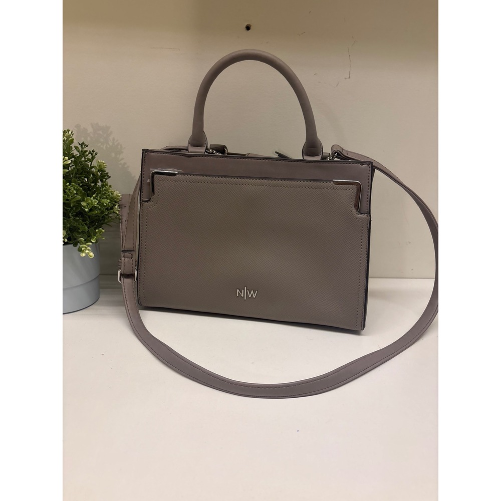 Nine West Taupe Grey Structured Satchel Handbag Crossbody Bag Silver Hardware